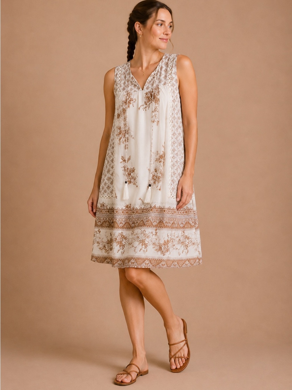 Xhilaration Boho Floral Border Print Lace Tassel Dress Size L